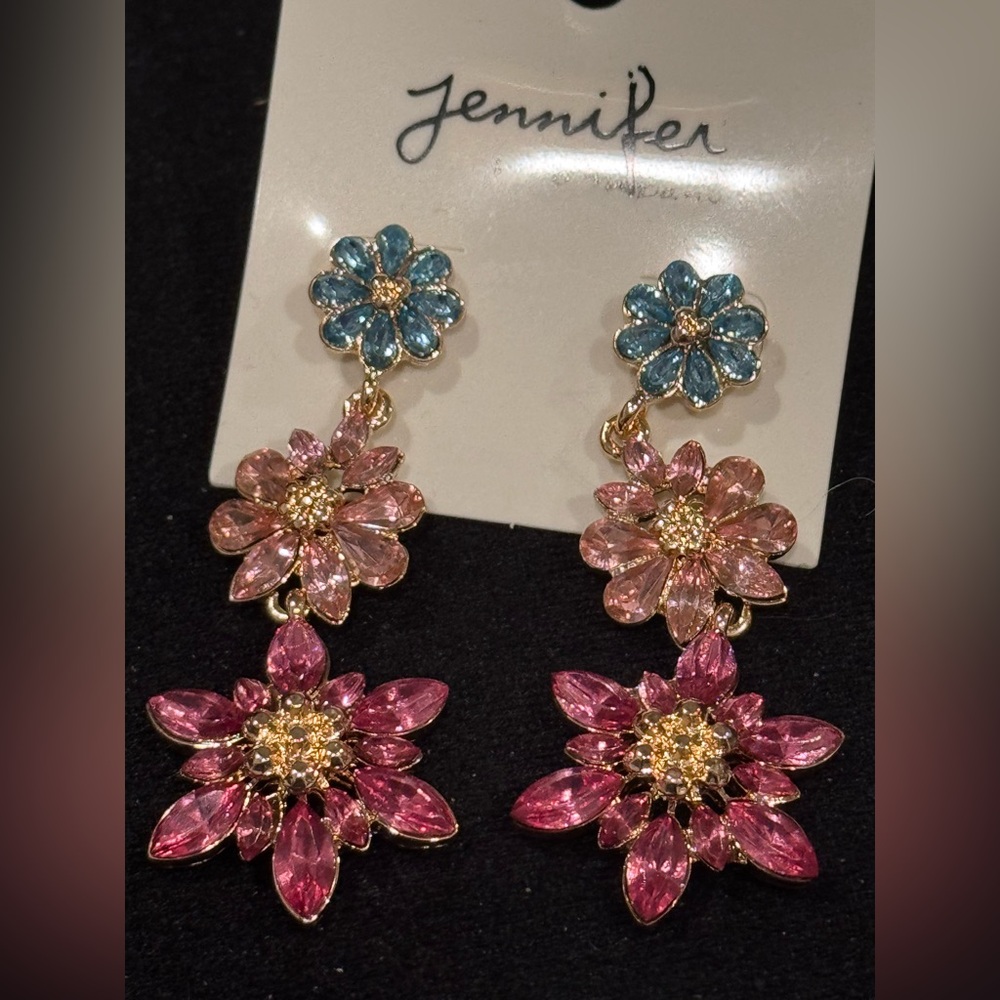 Jennifer & Company Gold Tone Crystal Multicolor Floral Earrings Glam Boutique